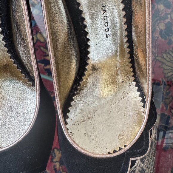 Marc by Marc Jacobs Peep‎ Toe Heels Black Suede SnakeSkin Print Sz EU 38 US 7.5 - Picture 5 of 12